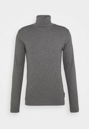 Maglione a maniche lunghe, turtleneck di colore grigio scuro con una vestibilità slim, esposto su uno sfondo bianco uniforme.