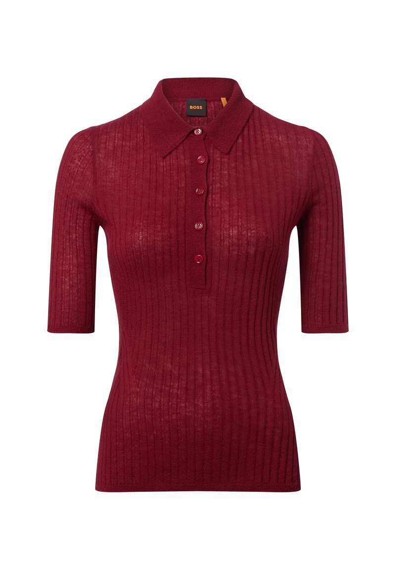 Polo-shirt bordeaux à côtes avec des manches courtes, cinq boutons sur le devant et un col classique, fabriqué en tissu tricot léger.