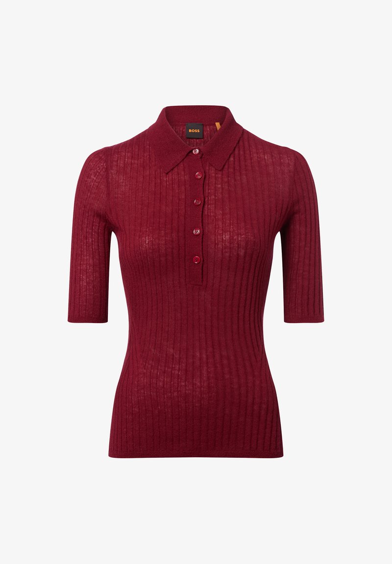 Polo-shirt bordeaux à côtes avec des manches courtes, cinq boutons sur le devant et un col classique, fabriqué en tissu tricot léger.