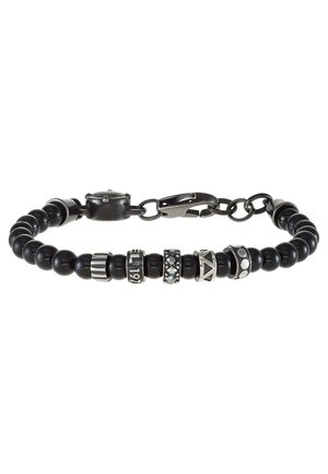 Bracelet noir à perles avec anneaux décoratifs en argent et fermeture à mousqueton en métal.