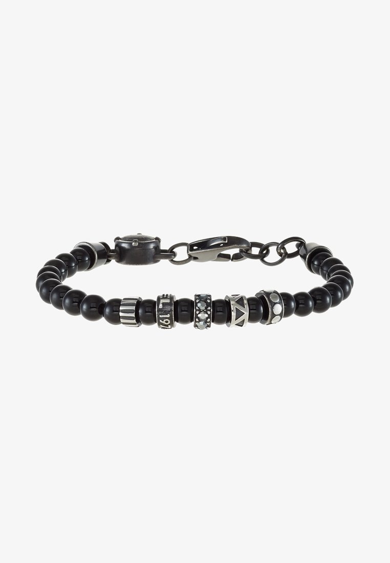 Bracelet noir à perles avec anneaux décoratifs en argent et fermeture à mousqueton en métal.