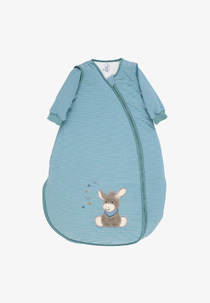 Blau gestreifter Schlafsack mit langen Ärmeln, Reißverschluss vorne und besticktem Eselmotiv mit Sternen und bunten Punkten auf der Vorderseite.