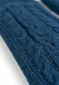 Mittens in lana lavorati a maglia di colore blu navy con un motivo a cavo testurizzato, che mostrano intricati disegni intrecciati e un aspetto morbido e spesso.