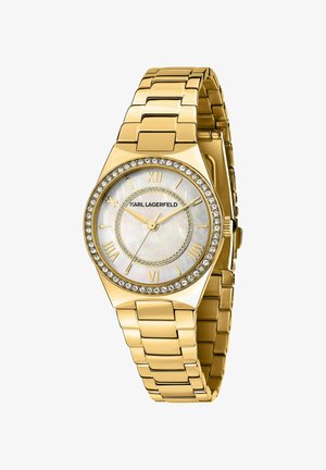 Orologio in metallo color oro con cinturino a maglie, caratterizzato da una cassa rotonda con quadrante in madreperla, numeri romani e una lunetta impreziosita da cristalli.