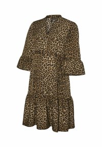 Kjol i leopardmönster gjord av mjukt tyg, med V-ringning, utställda ärmar, omslagdesign och ett skiktat volangslut.