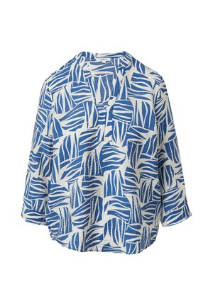 Camicia a maniche tre quarti con motivo blu e bianco, in un taglio rilassato, dotata di scollatura a V e realizzata in tessuto testurizzato.