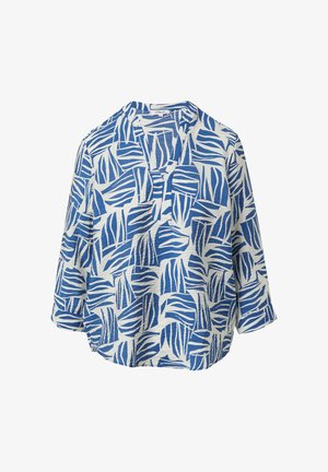 Blauw-wit patroon shirt met een losse pasvorm, met een V-hals en driekwart mouwen, gemaakt van textuurstof.