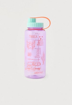 Transparent purple plastic water bottle with a teal lid, orange strap, and engravings of adventure-themed illustrations and text.