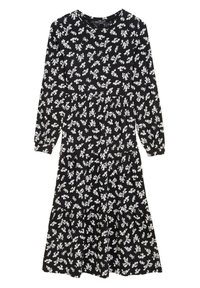 Robe noire à manches longues avec un motif floral blanc, mettant en avant une taille froncée et une jupe évasée pour une silhouette fluide. Tissu au toucher doux.