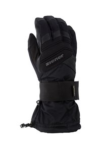 Guante de esquí negro aislante con dedos acolchados, tejido impermeable, correa elástica en la muñeca y cordón de ajuste en el puño para un ajuste seguro.