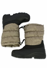 Braune Winterstiefel aus Stoff mit wattiertem Schaft und schwarzen Gummisohlen. Mit Kordelzugverschluss und strukturiertem Profil.