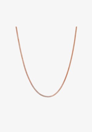 Náhrdelník z ružového zlata s hadím reťazcom, ktorý má hladkú, flexibilnú textúru, charakterizovaný elegantným, minimalistickým dizajnom a plynulým, vlnitým tvarom.