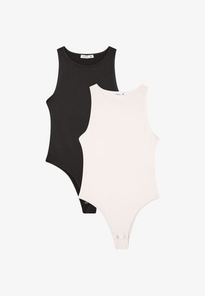 Body aderenti in bianco e nero con design senza maniche, realizzati in tessuto liscio, con chiusura a pressione sul fondo e scollatura rotonda.