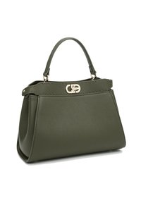 Borsa a mano verde in pelle con una forma strutturata, manici corti, accessori in oro e cuciture decorative lungo il bordo superiore.