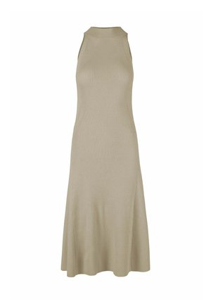 Mouwloze beige geribbelde gebreide jurk met hoge hals en uitlopende zoom, ontworpen voor een aansluitende silhouet.