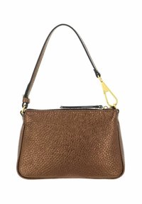 Sac à main en cuir texturé brun avec une seule sangle, fermeture éclair et accents en métal doré. Forme rectangulaire compacte.