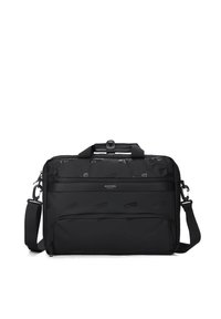 Black nylon laptop bag with multiple zippered compartments, padded handle, adjustable strap, and textured surface featuring subtle branding.