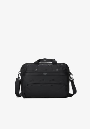 Sacoche pour ordinateur portable en nylon noir avec plusieurs compartiments zippés, poignée rembourrée, bandoulière réglable et surface texturée présentant un marquage discret.