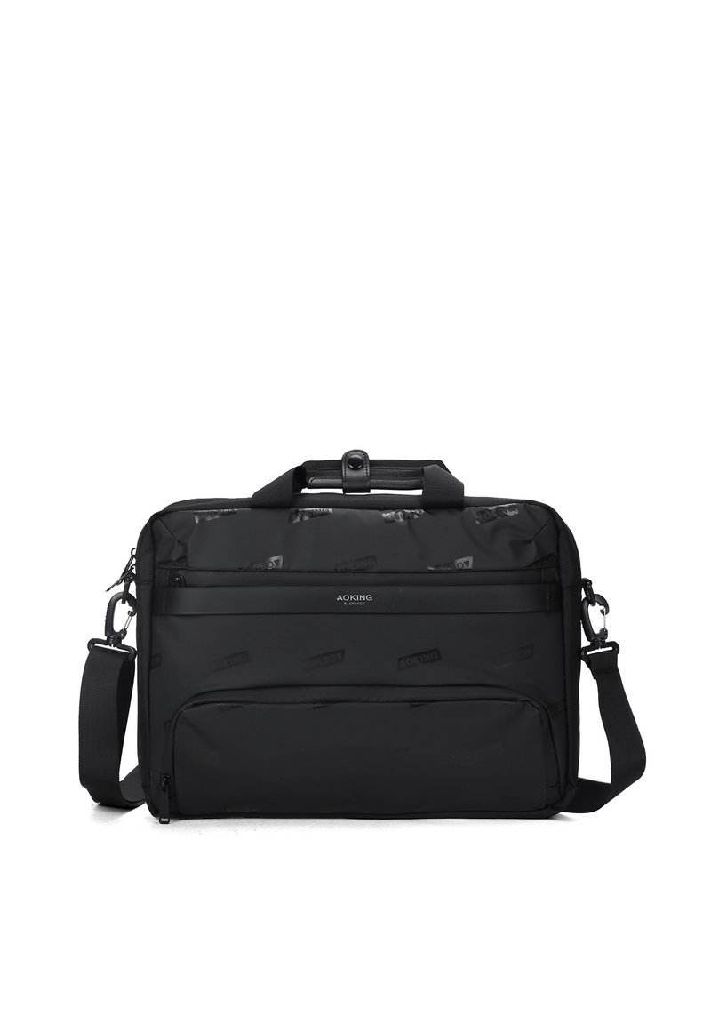 Black nylon laptop bag with multiple zippered compartments, padded handle, adjustable strap, and textured surface featuring subtle branding.