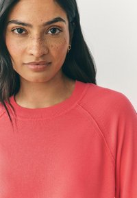 Rosa Sweatshirt mit Rundhalsausschnitt und Raglanärmeln, aus glattem Stoff gefertigt. Verfügt über einen lässigen Schnitt und minimale Nähtdetails.