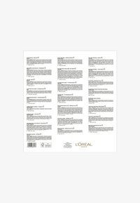 Emballage de produit L'Oréal Paris sur fond blanc, présentant des inscriptions en texte noir listant divers produits capillaires et leurs descriptions.