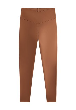 Leggings cu talie înaltă, de culoare maro ruginiu, cu un tiv pliat și un design fără cusături, potrivite atât pentru îmbrăcăminte sport, cât și pentru uz casual.