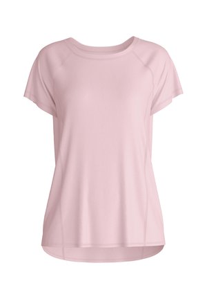 Light pink athletic t-shirt with short sleeves, a relaxed fit, rounded neckline, and flatlock seams for comfort and durability.