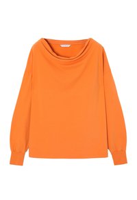 Oranžový, volný top s drapovaným lodičkovým výstřihem, dlouhými rukávy a upnutými manžetami. Vyrobeno z hladké tkaniny s jednobarevným vzorem.