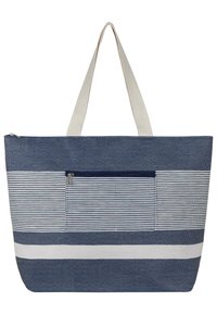 Tote-Tasche in Navy und Weiß mit Streifen, aus strapazierfähigem Material, mit Reißverschluss oben, einer Vordertasche und zwei Stoffgriffen für einfaches Tragen.