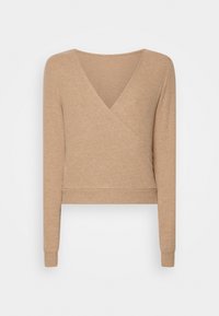 Ljusbrun rippad långärmad wrap-top med djup V-ringning och åtsittande nederkant. Mjuk textur och enkel design.