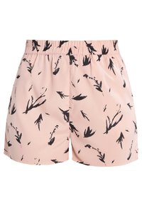 Ljusrosa shorts med ett svart blommönster, elastisk midja och slät textur. Designade för komfort och avslappnad användning.