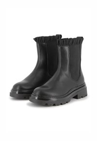 Bottines noires en cuir lisse, dotées de panneaux latéraux élastiques, d'une ouverture froncée et d'une semelle épaisse et texturée.