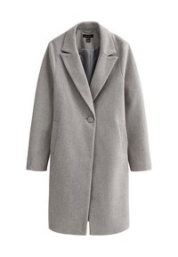 Manteau en laine grise avec un col cranté, une fermeture à bouton unique, deux poches latérales et une doublure intérieure lisse. Design classique et ajusté.