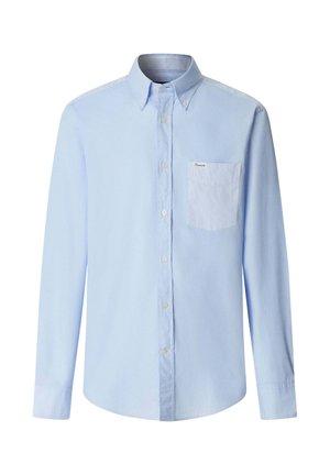Chemise bleu clair à manches longues avec boutons, col boutonné et poche poitrine côté gauche, design uni.