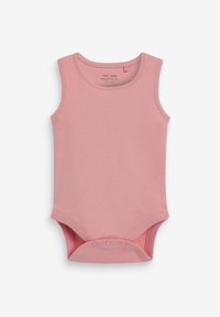 Rosa ärmelloser Babybody aus weicher Stoffqualität, mit rundem Halsausschnitt und Druckknöpfen im unteren Bereich für einfaches An- und Ausziehen.