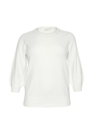 Balts džemperis, kas izgatavots no mīksta auduma, ar apaļu kakla izgriezumu, garām pūkainām piedurknēm un ribotām aprocēm; gluda tekstūra ar minimālu detalizāciju.