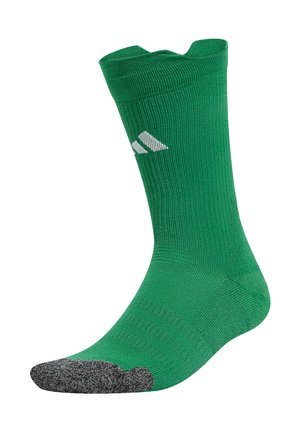 Green sock with a ribbed texture, featuring a gray toe cap and a white logo on the side. Ankle-length design with a fitted cuff.