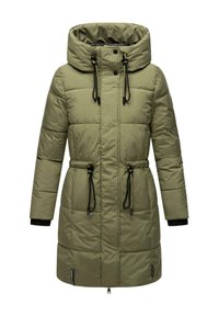 Olijfgroene pufferjas met een capuchon, trekkoorden in de taille, zijzakken en elastische manchetten. Heeft een gladde, gequilte textuur.