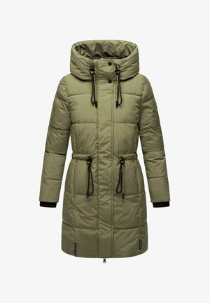 Olivgrüne Pufferjacke mit Kapuze, Kordelzügen in der Taille, seitlichen Taschen und elastischen Bündchen. Hat eine glatte, gesteppte Textur.
