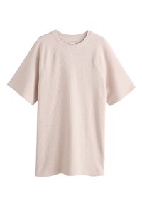 Lichtbeige T-shirt met korte mouwen, uitgevoerd in een geribbelde structuur, met raglanmouwen en een ronde hals.