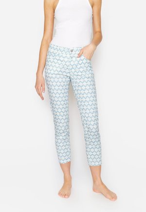 Blauwe geplooide capri-broek met een zachte, lichte stof. Bevat zijzakken en een strakke, getailleerde pasvorm.