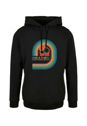 Black hoodie with a front pocket and drawstring hood. Features a multicolored graphic of palm trees, sun, and text "ROLLER SKATER CLUB VENICE BEACH."