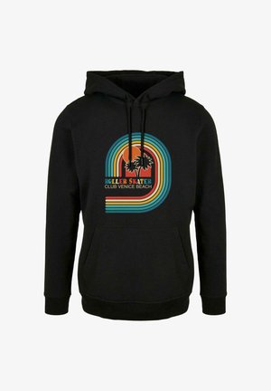 Black hoodie with a front pocket and drawstring hood. Features a multicolored graphic of palm trees, sun, and text "ROLLER SKATER CLUB VENICE BEACH."