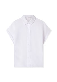 Camicia bianca a maniche corte con colletto classico, realizzata in tessuto leggero, con una texture sottile e orlo diritto.