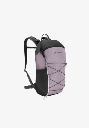 Sac à dos compact violet et noir avec bretelles rembourrées, cordons élastiques à l'avant, poches latérales en mesh et logo Vaude sur le panneau avant.