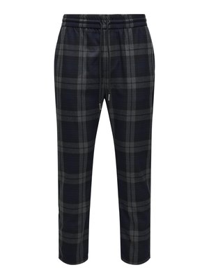 Pantalones casuales de patrón a cuadros en negro y gris oscuro, con cintura elástica y cordón ajustable, corte recto.