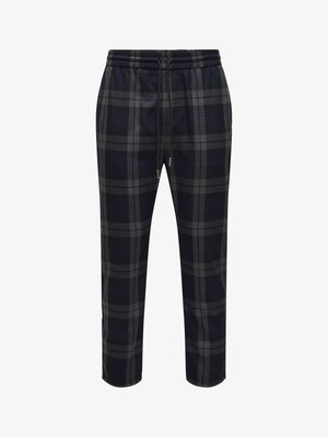 Fekete és sötétszürke kockás mintájú, kényelmes nadrág rugalmas derékpánttal és húzózsinórral, egyenes szárú fazon.