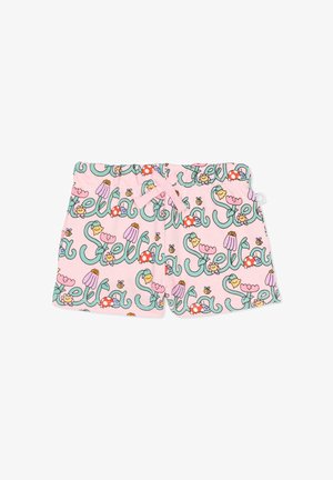 Pantaloncini rosa per bambini con scritta verde "Stella", fiori colorati, coccinelle, api e coulisse con fiocco frontale.
