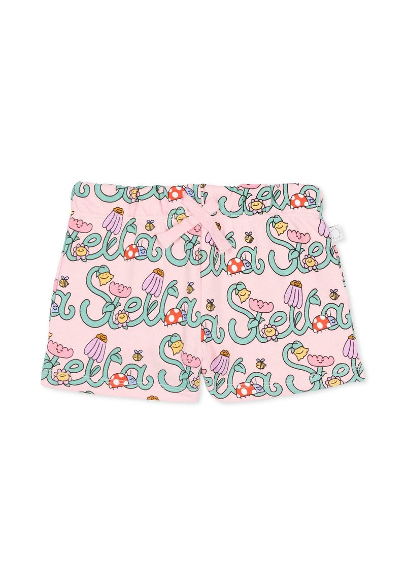 Pantaloncini rosa per bambini con scritta verde "Stella", fiori colorati, coccinelle, api e coulisse con fiocco frontale.