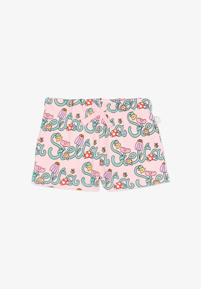 Pantaloncini rosa per bambini con scritta verde "Stella", fiori colorati, coccinelle, api e coulisse con fiocco frontale.